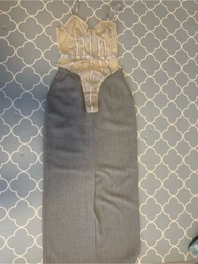 PrettyLittleThing Beige Satin Bustier with Gray Pencil Skirt Jumpsuit